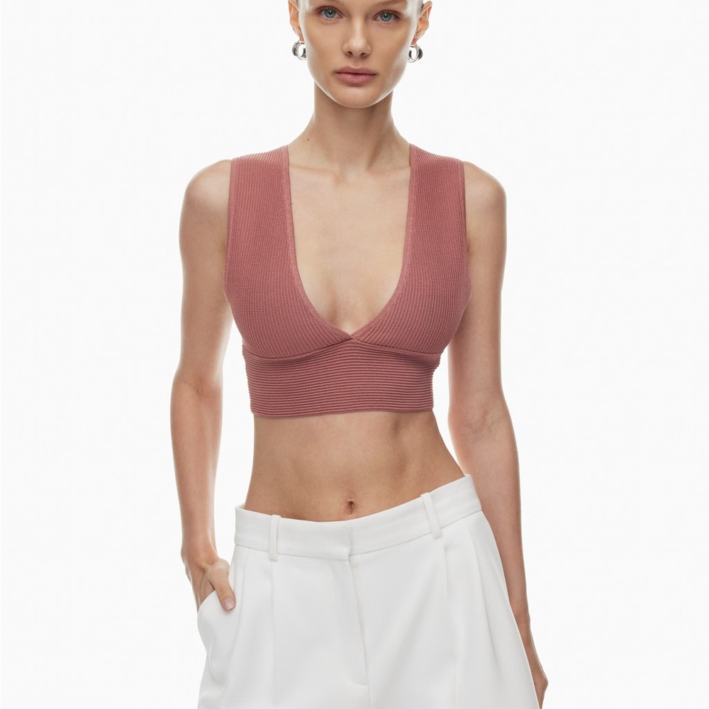 Aritzia Babaton Sculpt Knit Deep V-Neck Crop in Flambeau Red